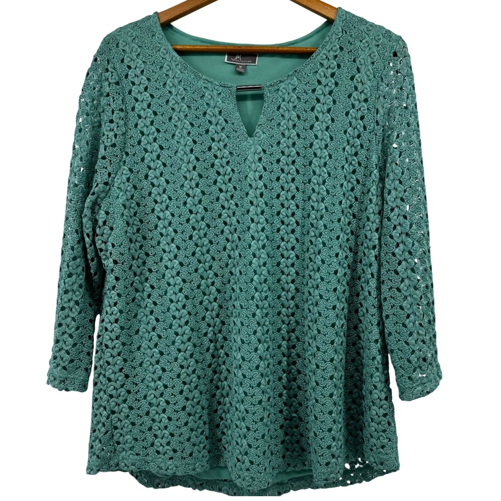 JM Collection Teal Green Crochet Lace Split Neck Metal Bar Blouse XL Lined Chic
